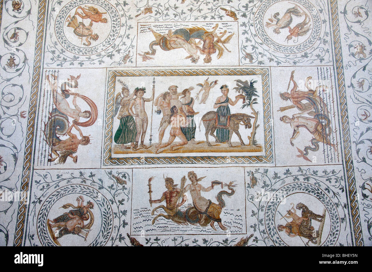'Dionysiac Mosaic', el Museo Arqueológico, El Djem El Djem, Gobernación de Mahdia, Túnez Foto de stock