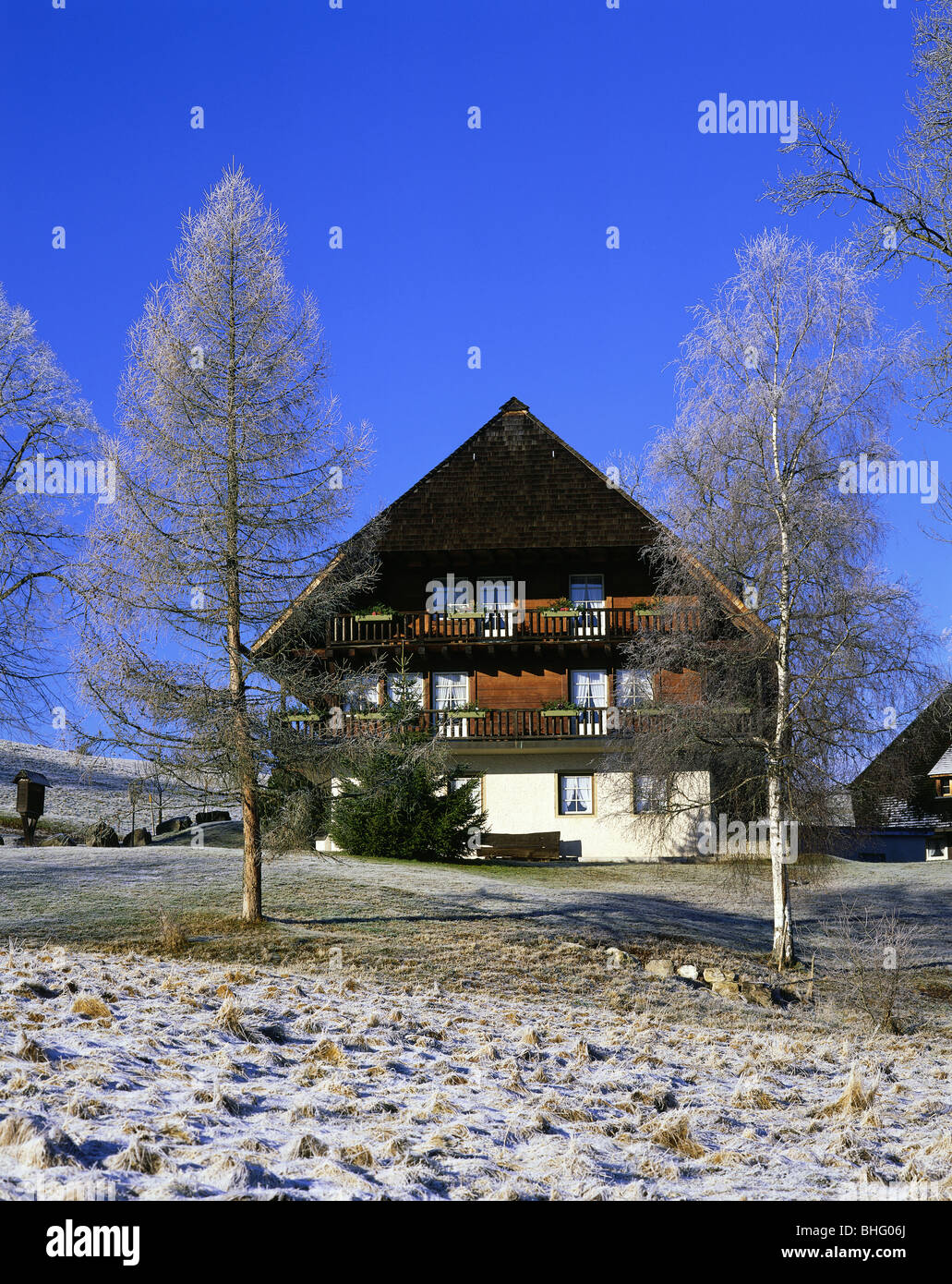 Geografía / viajes, Alemania Baden-Wurtemberg, Hinterzarten, edificios, casa típica de la zona del Bosque Negro, Vista exterior, escarcha, Additional-Rights-Clearance-Info-Not-Available Foto de stock