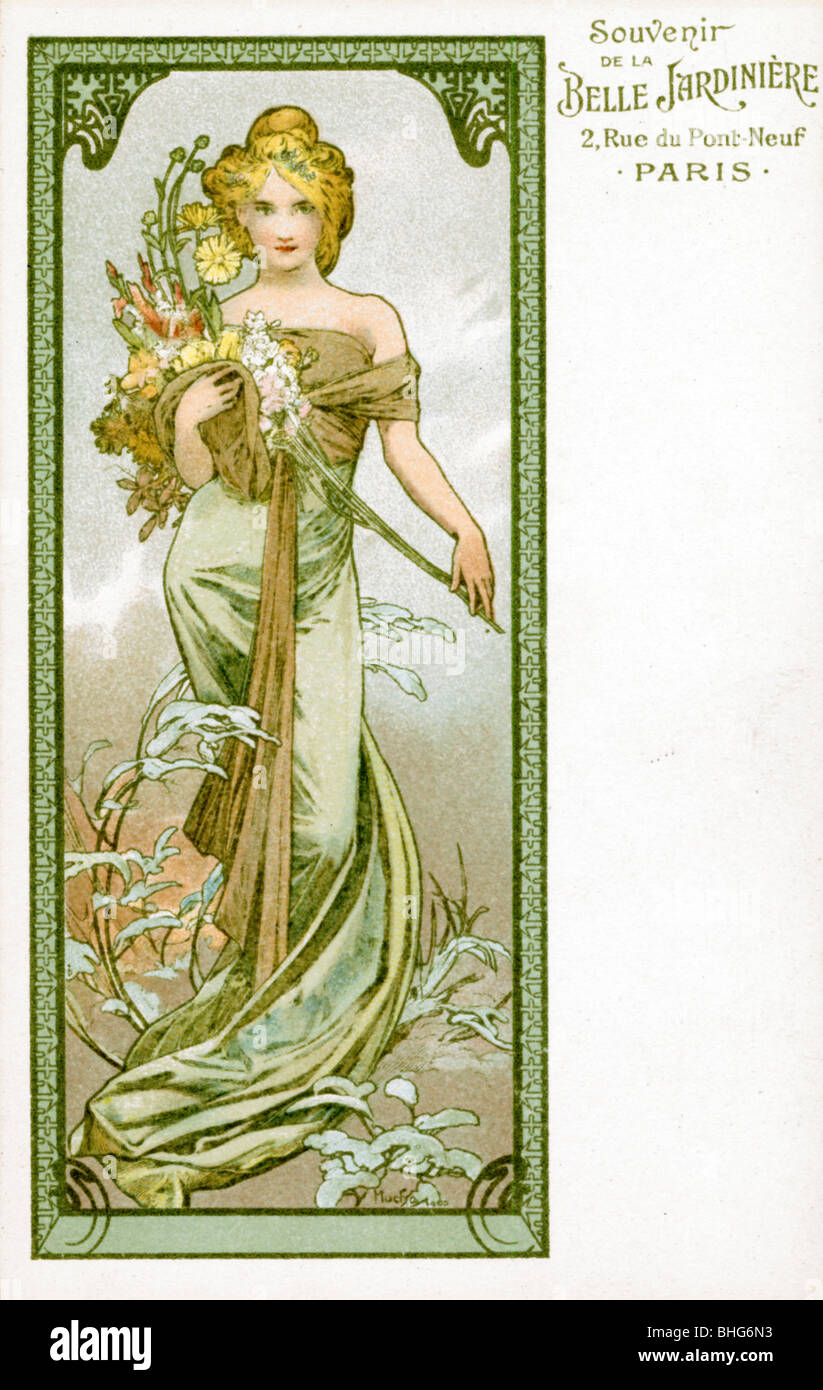 "Primavera", de 1896. Artista: Alphonse Mucha Foto de stock