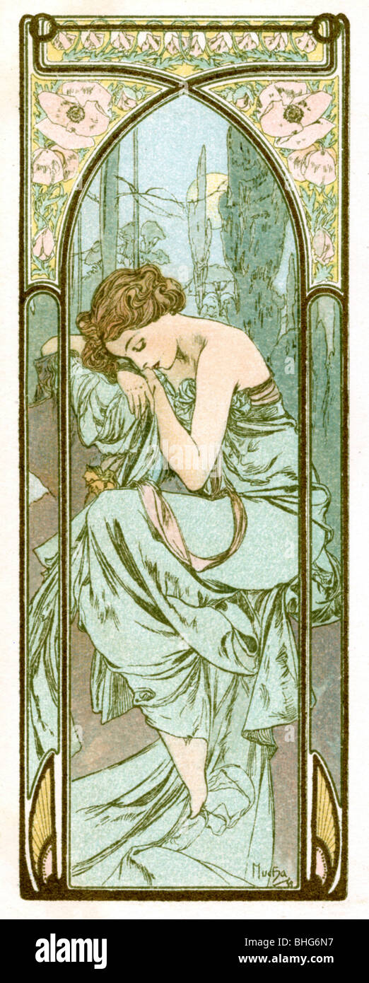"Reposo de noche", de 1899. Artista: Alphonse Mucha Foto de stock