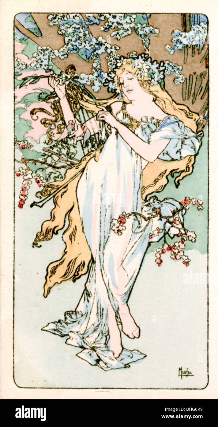 "Primavera", de 1900. Artista: Alphonse Mucha Foto de stock