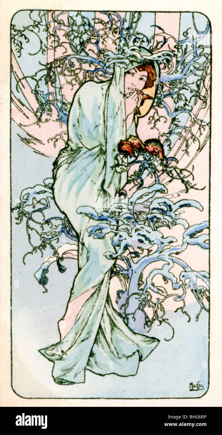 "Invierno", de 1900. Artista: Alphonse Mucha Foto de stock