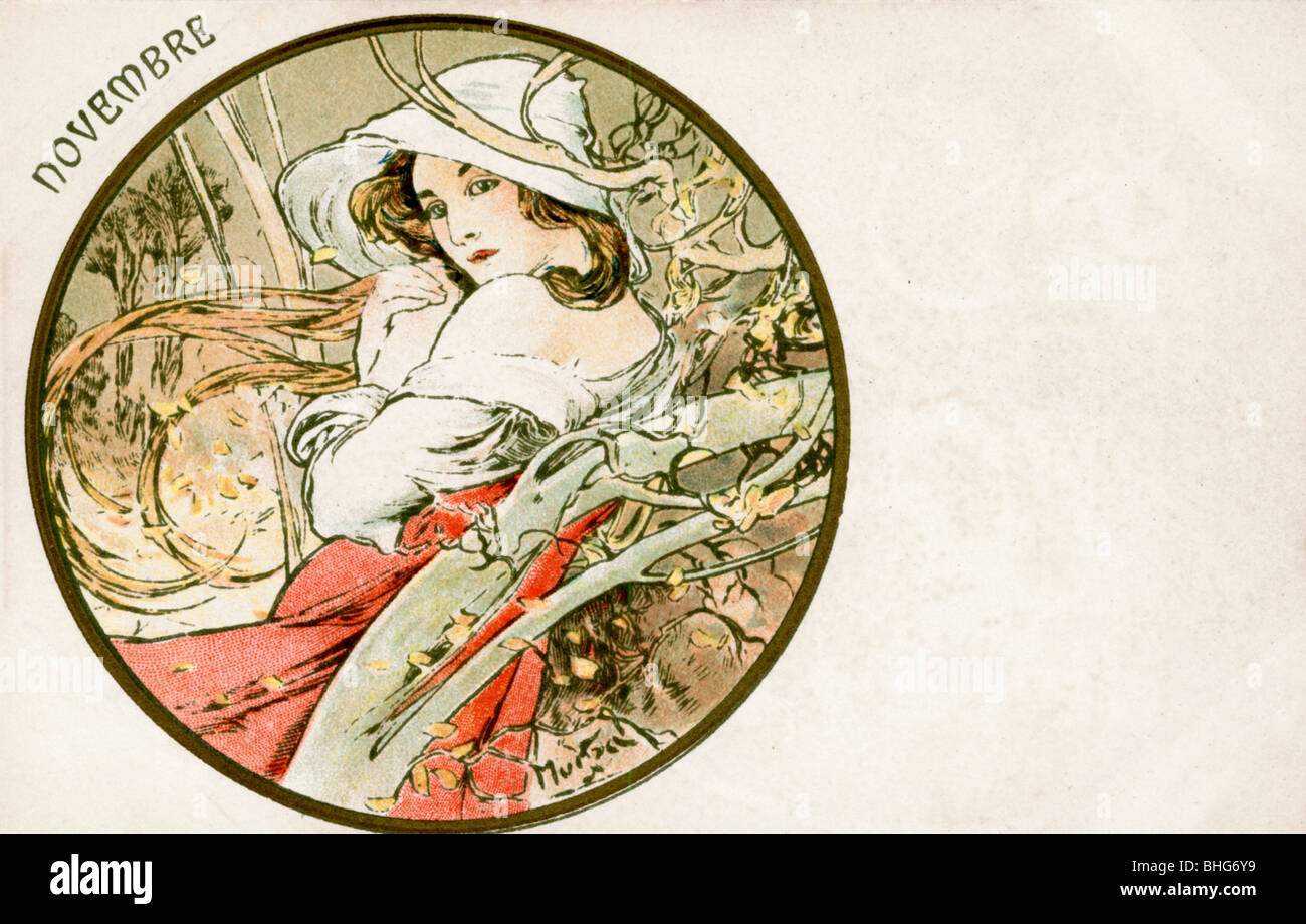 "Noviembre", de 1900. Artista: Alphonse Mucha Foto de stock