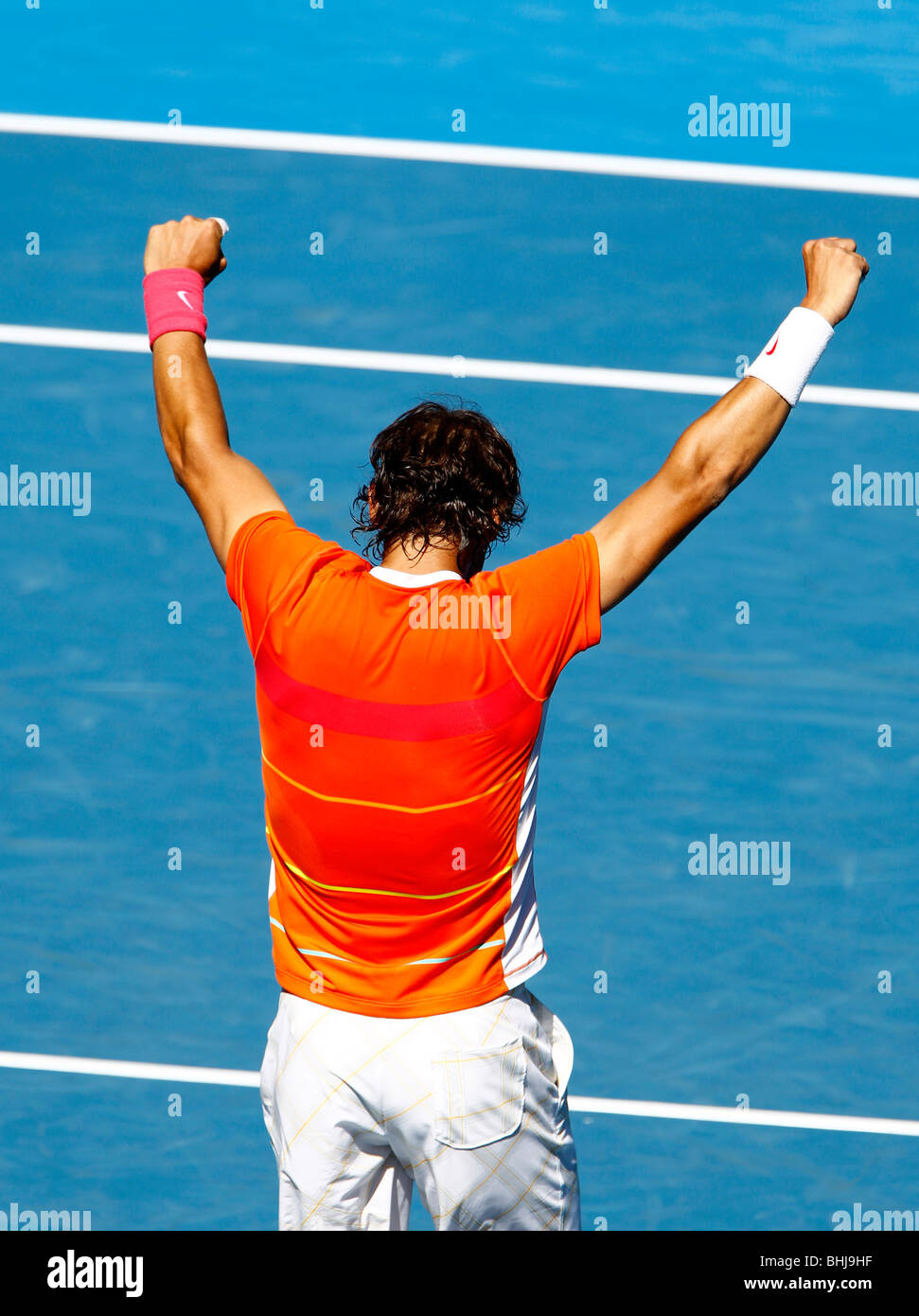 Rafael Nadal (ESP) jubiloso en el Abierto de Australia 2010 en Melbourne, Australia Foto de stock