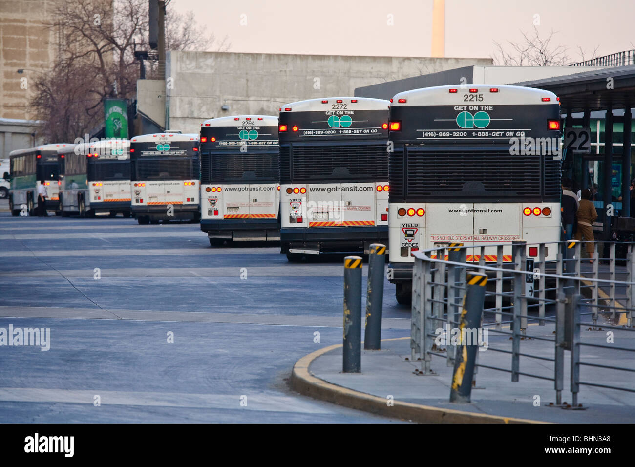 GoTransit autobuses del servicio de transporte público en la Union Station, Toronto, Canadá Foto de stock