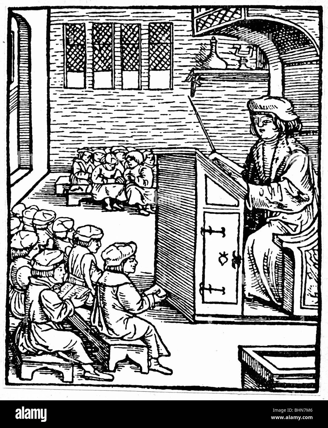 Educación, escuela, niños divididos en grupos de edad, woodcut de 'Die Legende des heiligen Herzog Ruprecht' (la leyenda de saint Rupert), por Jacob Koebel, Oppenheim, Alemania, 1524, Foto de stock