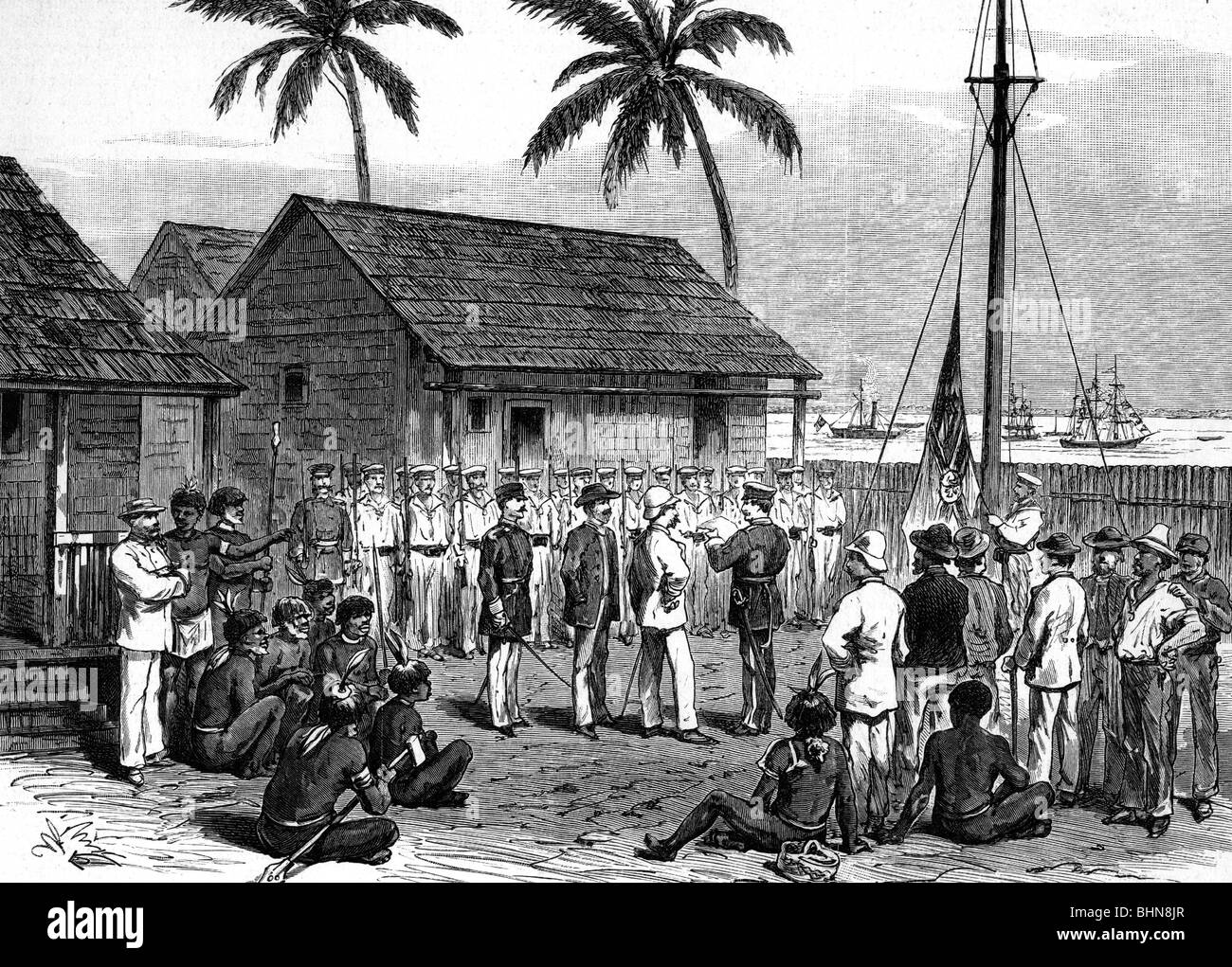 Colonialismo, Mar del Sur, Isla del Duque de York, elevación de la bandera alemana, Mioko, 4.11.1884, Foto de stock
