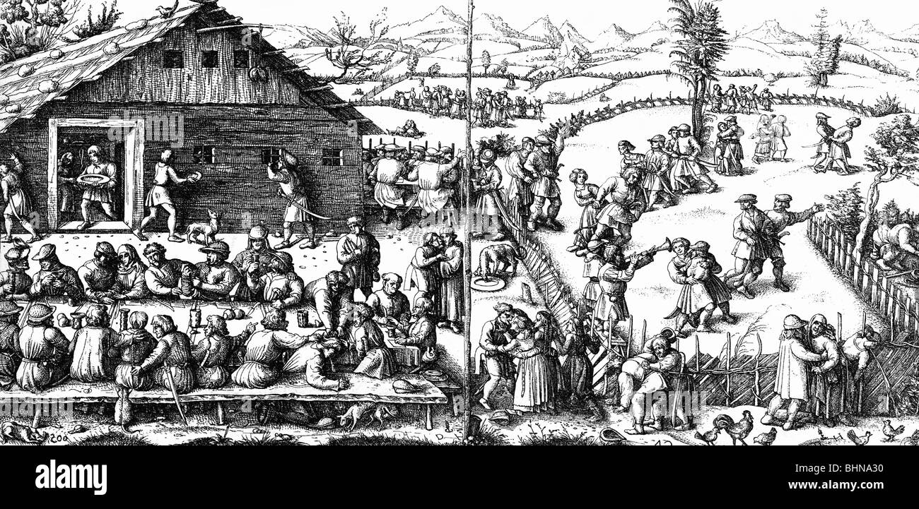 Festividad, feria, comer y bailar agricultor en el pueblo, woodcut, siglo  15, histórico, histórico, festival de folclore, feria del pueblo, ferias  del pueblo, cena, rural, paisaje, época medieval, Edad Media, gente  Fotografía