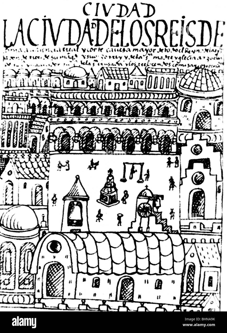 Geografía / viajes, Perú, Lima, plazas, Plaza mayor, corte de madera a 'Nueva coronica y buen gobierno' por Felipe Guaman Poma de Ayala', circa 1613, Foto de stock