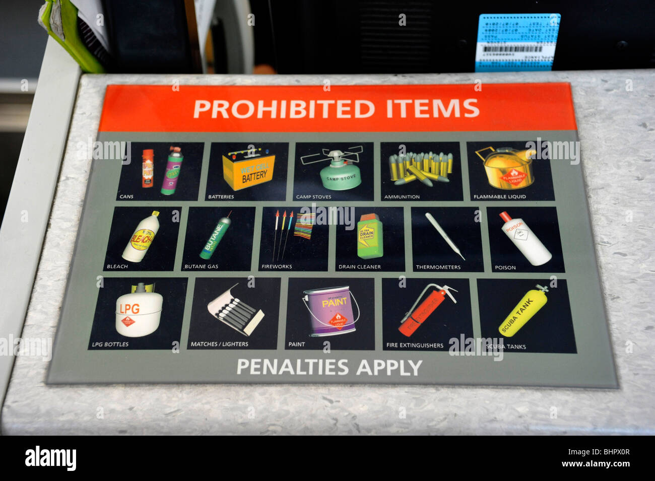 Artículos prohibidos en una aerolínea comprobar en Australia... Foto de stock
