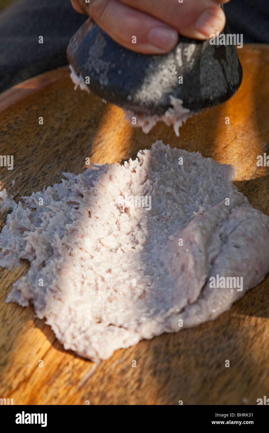Poi pounder cocido usado para preparar a raíz de taro poi para comer. Foto de stock