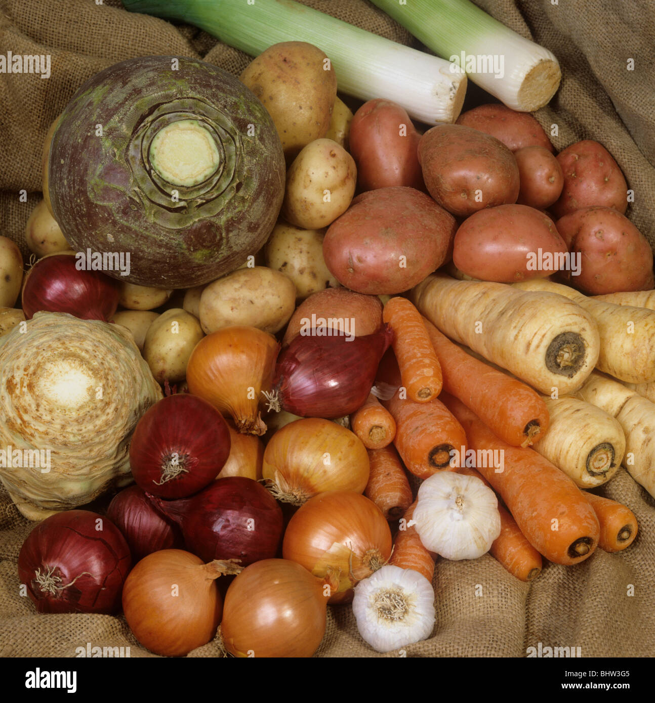 Una selección de hortalizas de raíz comprada en el supermercado. Foto de stock