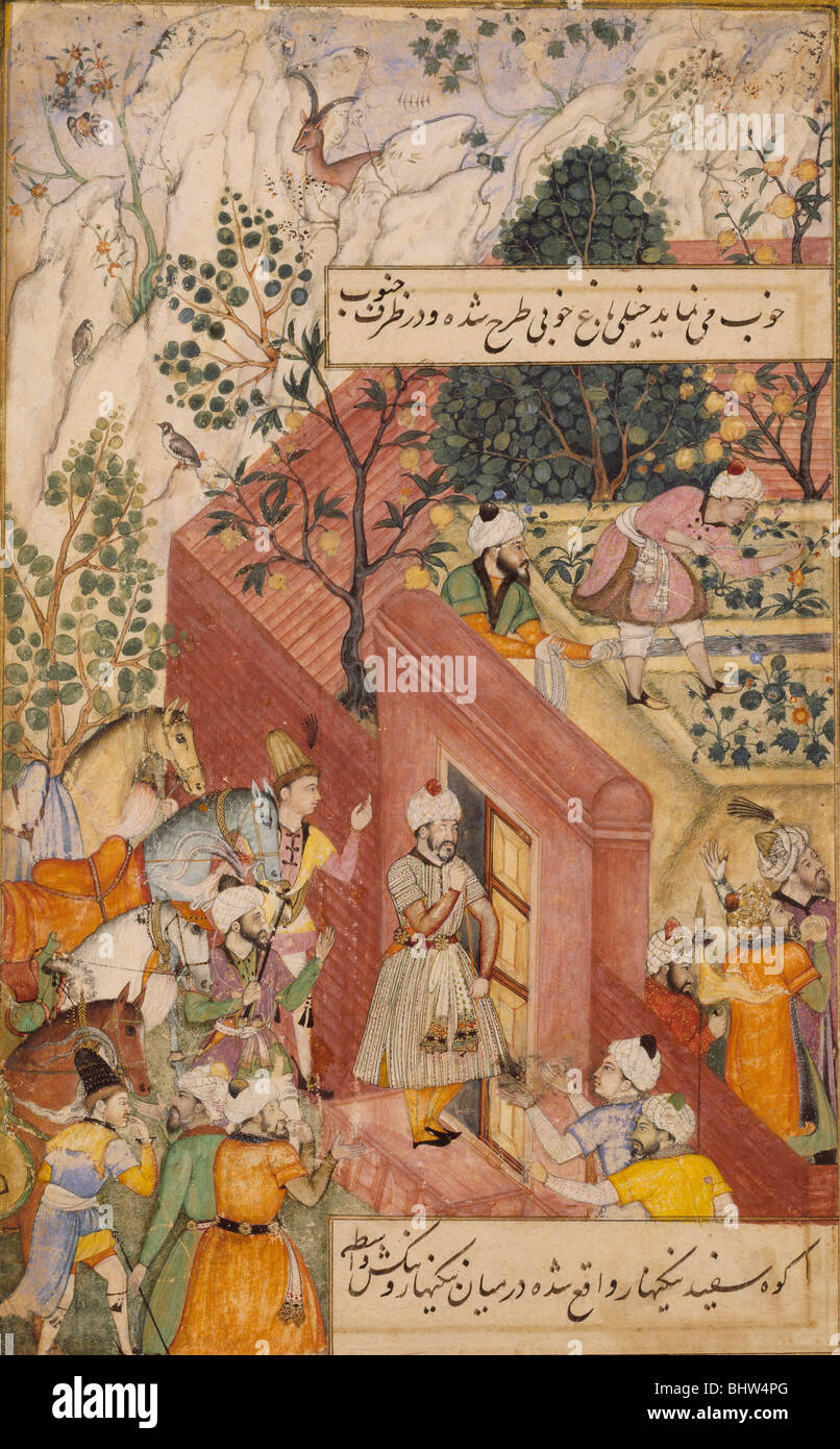 Un grupo de cortesanos, por Bishndas montado y Nanha. India, finales del siglo XVI. Foto de stock