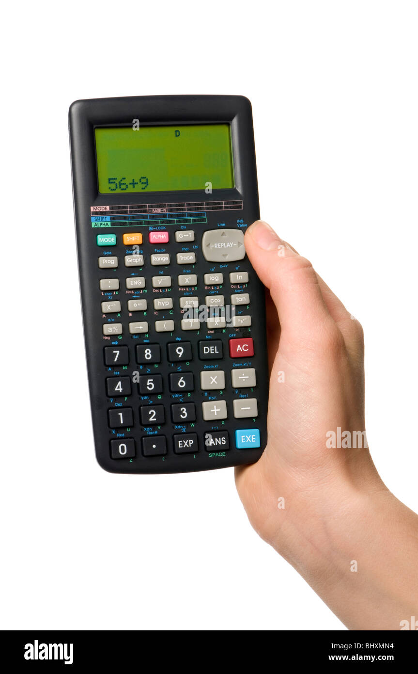 Y la calculadora de mano Foto de stock