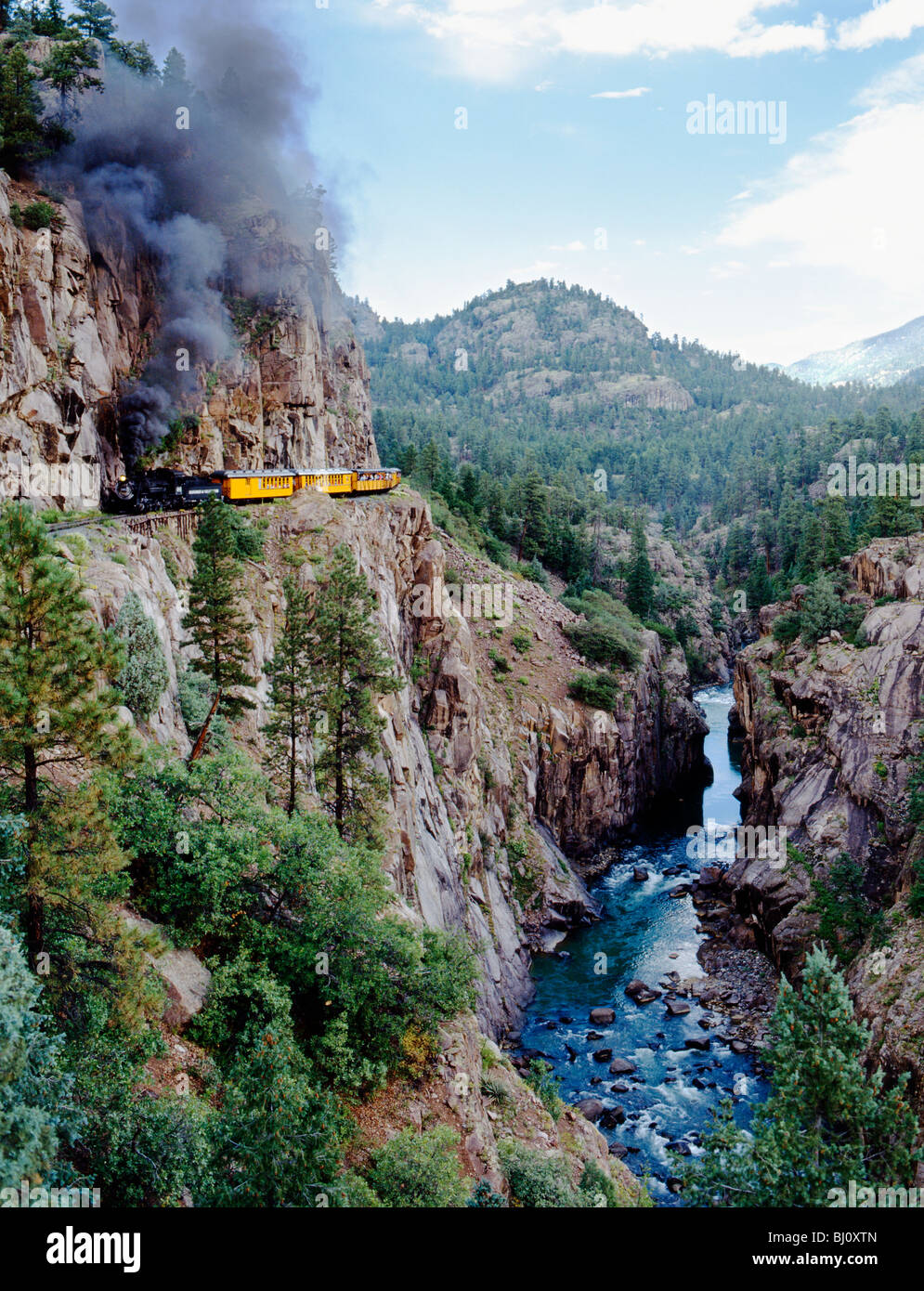 La Durango & Silverton Narrow Gauge Railroad lleva a los turistas a lo largo del Río Animas, Animas Canyon, Colorado, EE.UU. Foto de stock