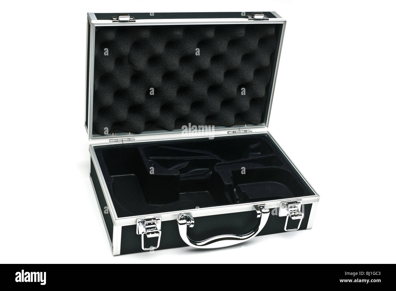 Pequeño maletín negro tipo caja forrada de espuma con separación de componentes Foto de stock