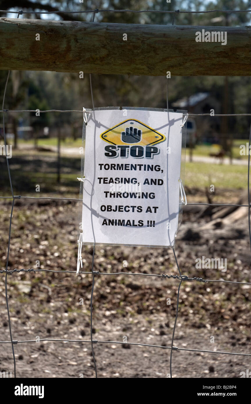 Deje de atormentar a los animales y burlas señalizado en la valla de vivienda rural animales de granja Foto de stock