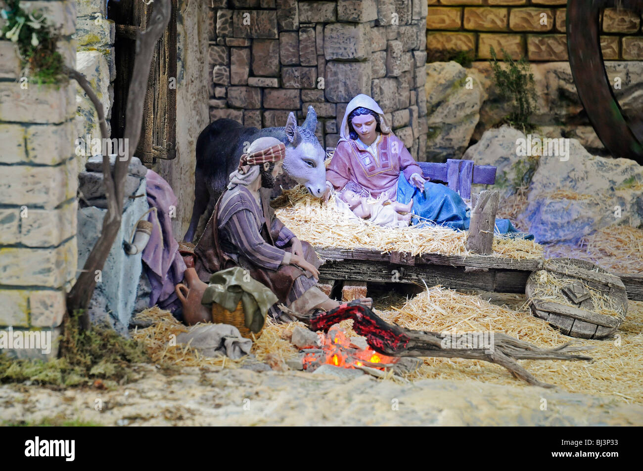 Jesús, María, José, estable, un pesebre, Escena de Natividad escena, Altea, Alicante, Costa Blanca, España, Europa Foto de stock