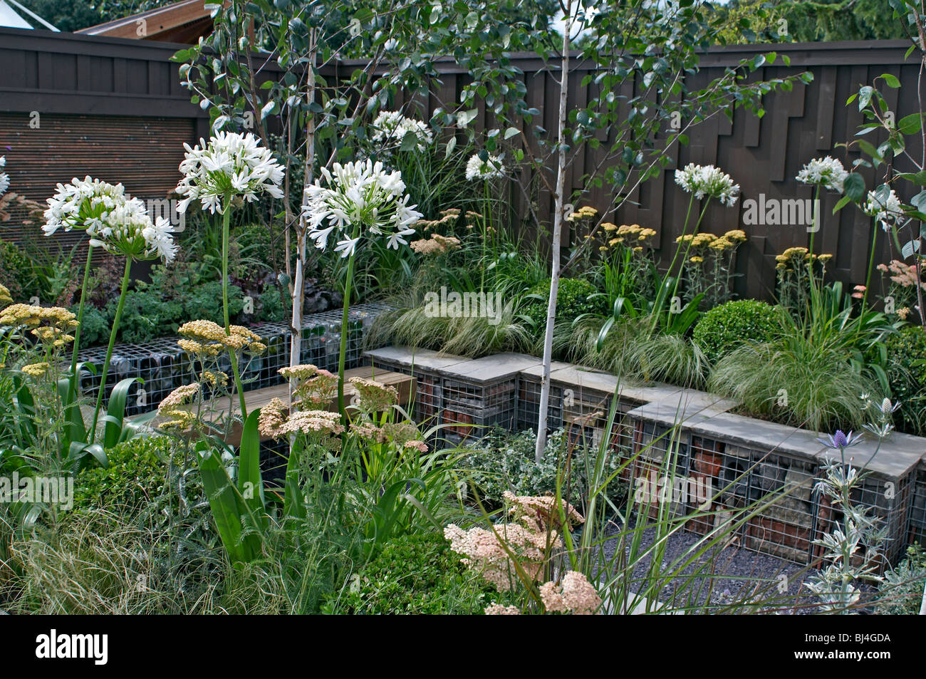 Un pequeño jardín urbano cercado Foto de stock
