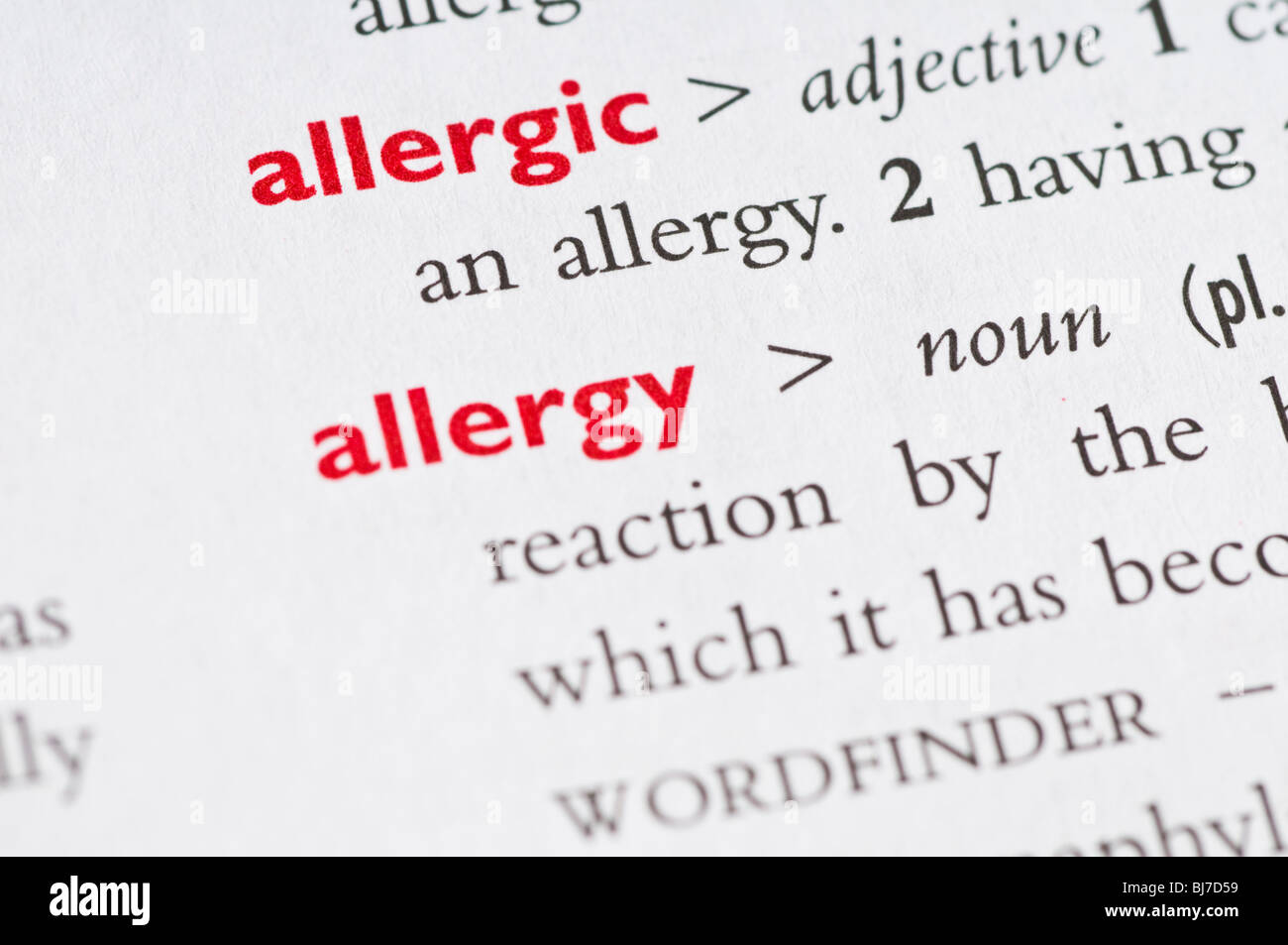 Definición de diccionario de la palabra "alergia" Foto de stock