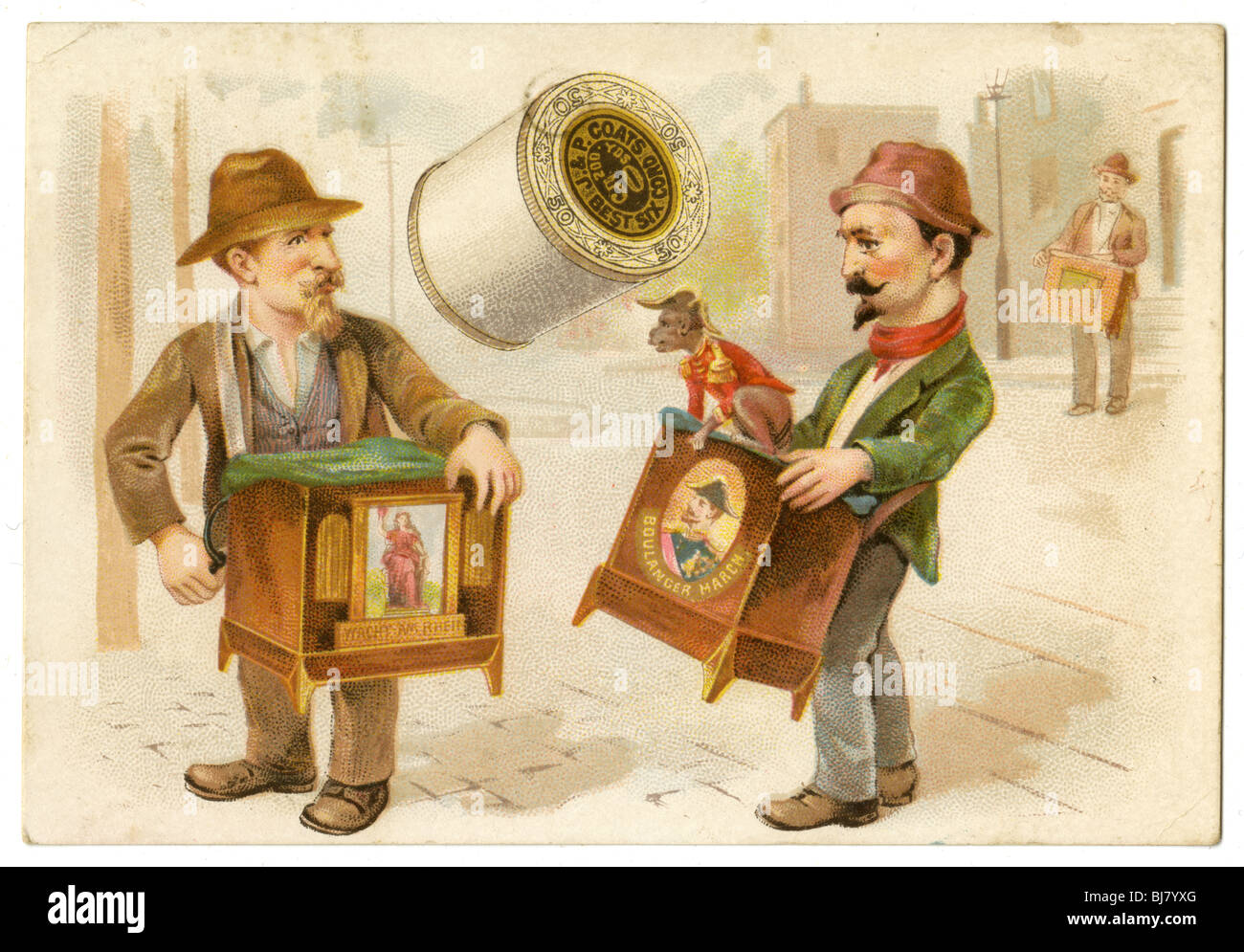 En 1890 Victoriano tarjeta comercial de J&P Coats rosca. Amoladoras de órgano con el mono. Foto de stock