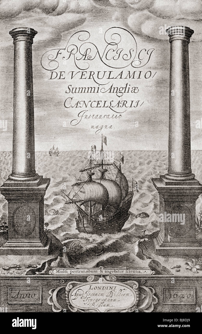 Página de título de Francis Bacon's Instauratio Magna, de 1620. Foto de stock