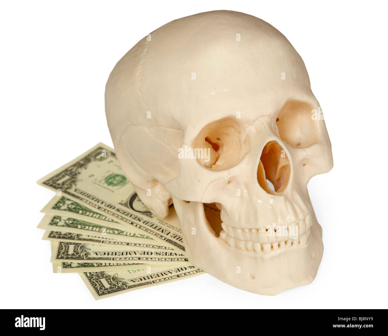 El cráneo humano tumbado sobre un paquete de dinero aislado sobre un fondo blanco. Foto de stock
