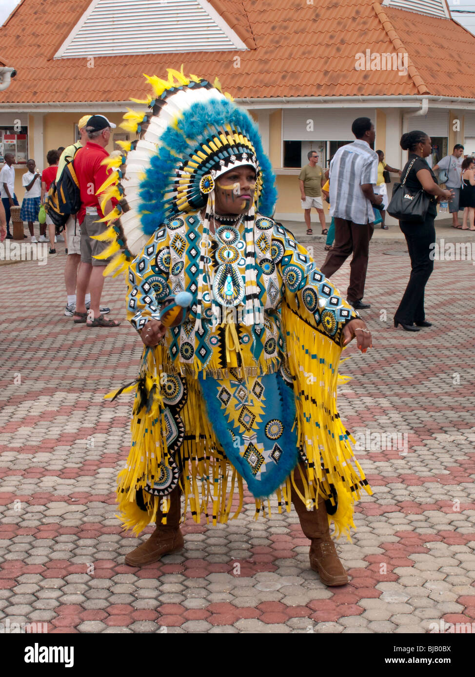 Un Carnaval Fantasía huelgas indio en una pose muy colorido traje amarillo  y azul con un gran tocado de plumas Fotografía de stock - Alamy