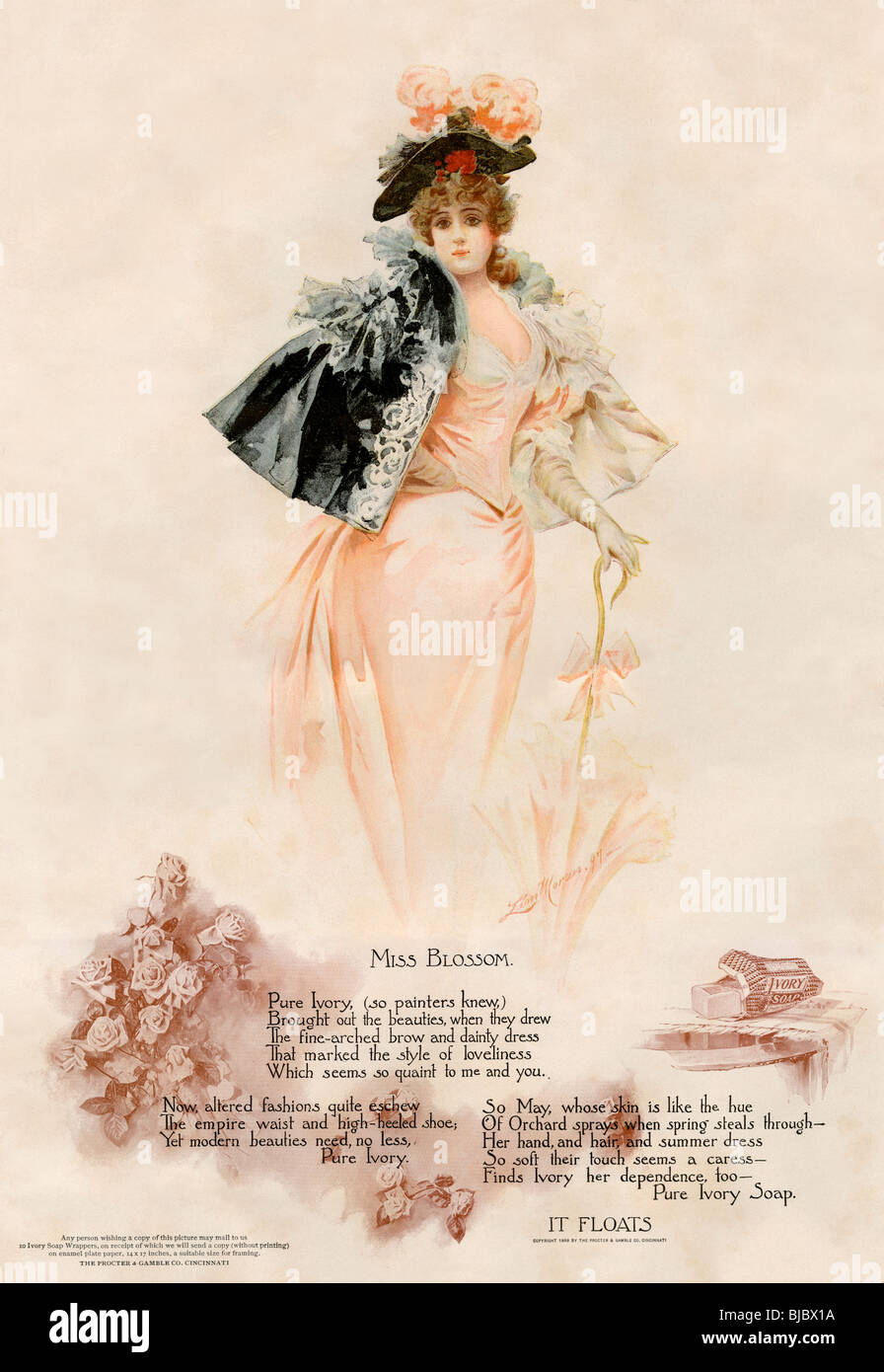 Anuncio de jabón Ivory con hermosas Miss Blossom, 1890. Litografía de color Foto de stock