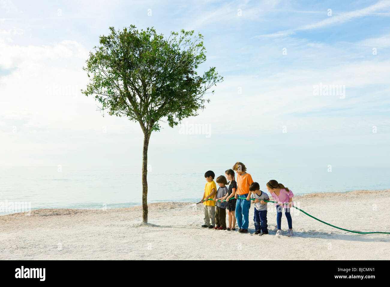 Concepto de ecología, niños regar árboles en la playa Foto de stock
