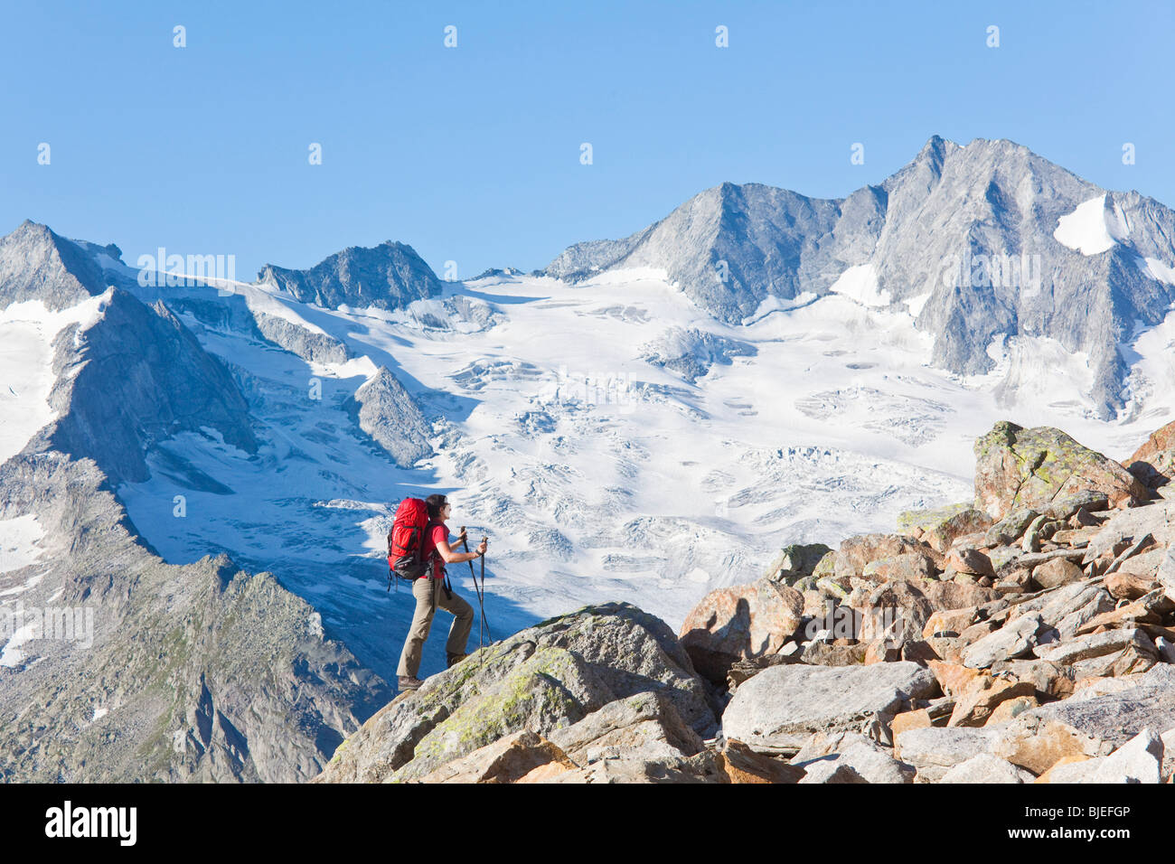 Montañero en Zillertal Alpes, Tirol, Austria, vista lateral Foto de stock