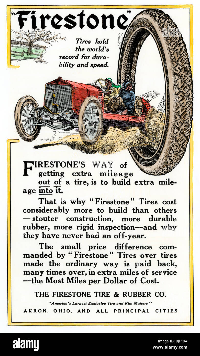 Anuncio de Firestone Tire & Rubber Company, 1912. Xilografía coloreada a mano Foto de stock