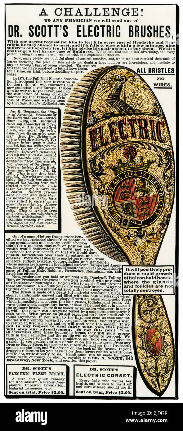Anuncio por el Dr. Scott's cepillo eléctrico promoviendo el crecimiento del vello, de 1880. Xilografía coloreada a mano Foto de stock