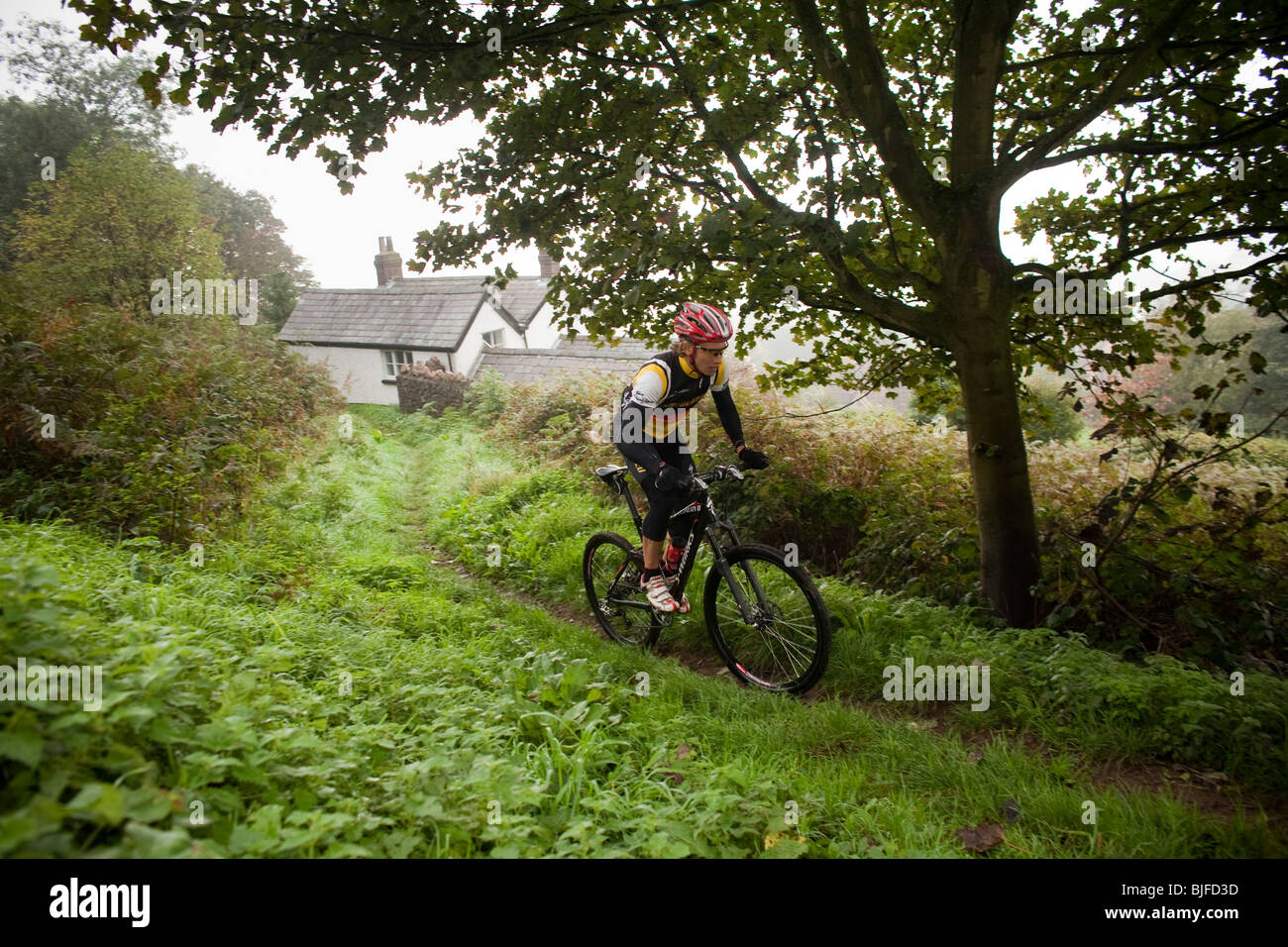 Ciclista de montaña británico Liam Killeen paseos un village trail Foto de stock