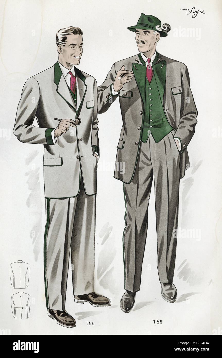 Moda, década de 1950, ropa, ropa, moda masculina, dos trajes tradicionales  para hombres, ilustración de: 'Trachtenmodelle fuer Damen und Herren', Nº  2, Viena, Austria, alrededor de 1950 Fotografía de stock - Alamy
