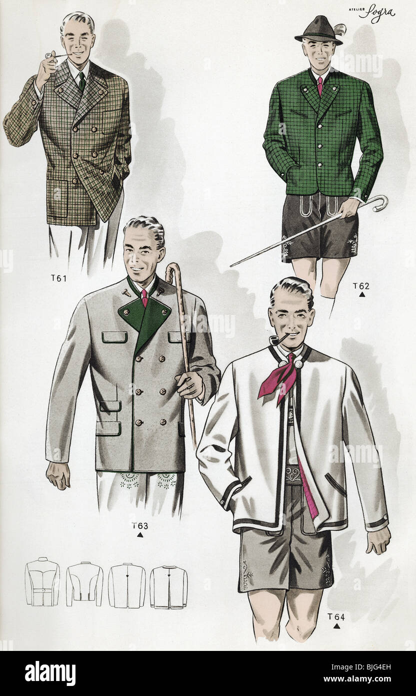 Moda, década de 1950, ropa, ropa, moda masculina, trajes tradicionales para hombres, ilustración de: 'Trachtenmodelle fuer Damen und Herren', Nº 2, Viena, Austria, alrededor de 1950, Foto de stock