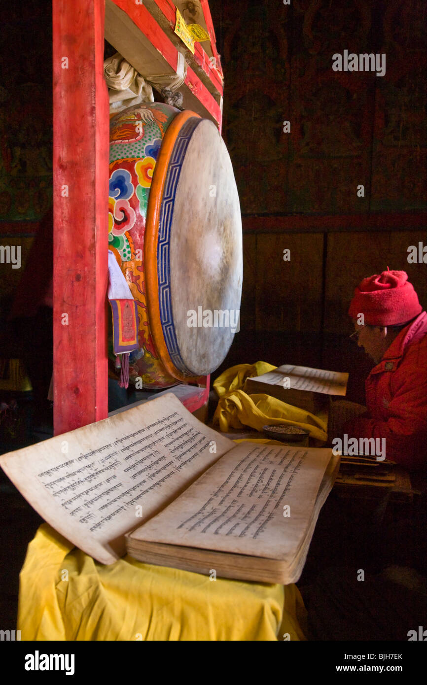 Un monje budista tibetano lee los textos sagrados en la aldea de SAMDO en el alrededor del Manaslu Trek - REGIÓN NUPRI, NEPAL Foto de stock