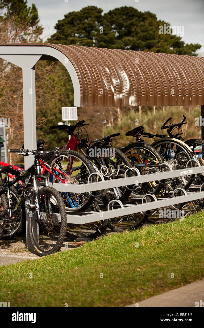 Bicicletas en un cobertizo para las bicicletas, en el campus de la Universidad de Aberystwyth en Gales UK Foto de stock