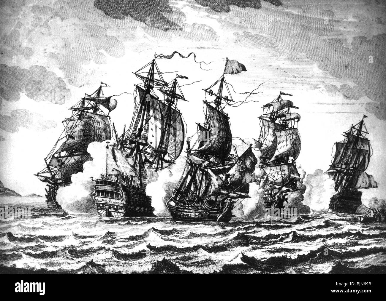 Transporte / transporte, navegación, piratas, batalla naval entre piratas argelinos y buques de guerra de la Orden Soberana Militar de Malta en el Mar Mediterráneo, grabado de cobre, a finales del siglo 17, Foto de stock