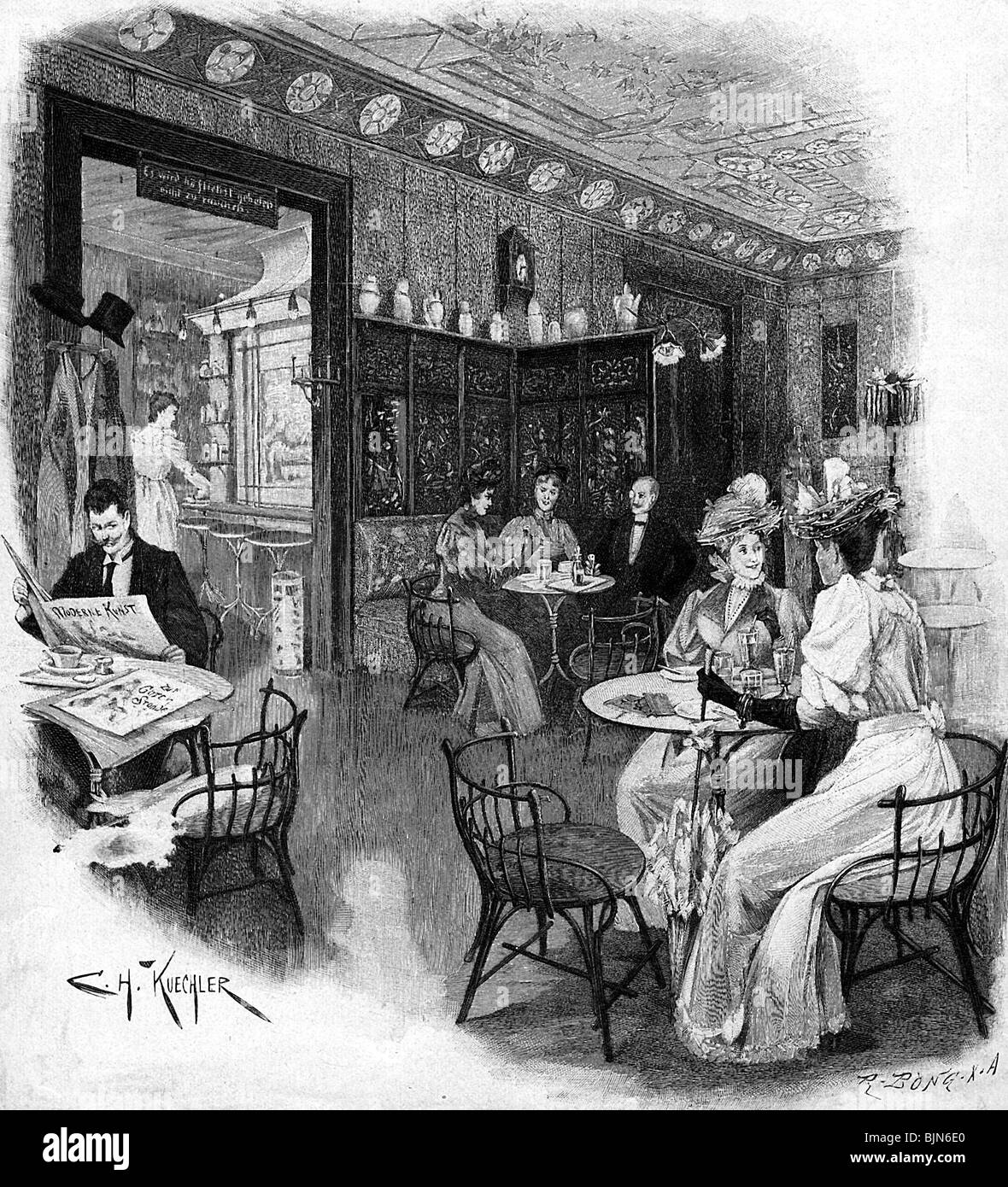 Gastronomía, café Huebner (Hamburgo), grabado en madera después de