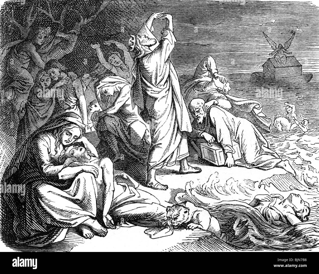 religión, mito diluvio, ilustración en un libro religioso, 1875, Foto de stock