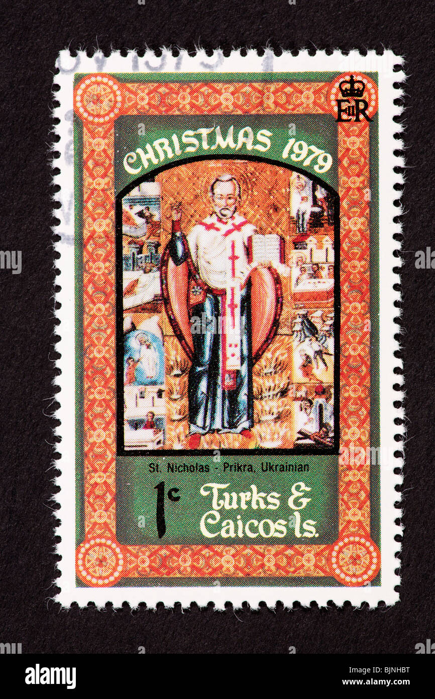 Sello de Islas Turcas y Caicos representando a San Nicolás (17'o siglo). Foto de stock