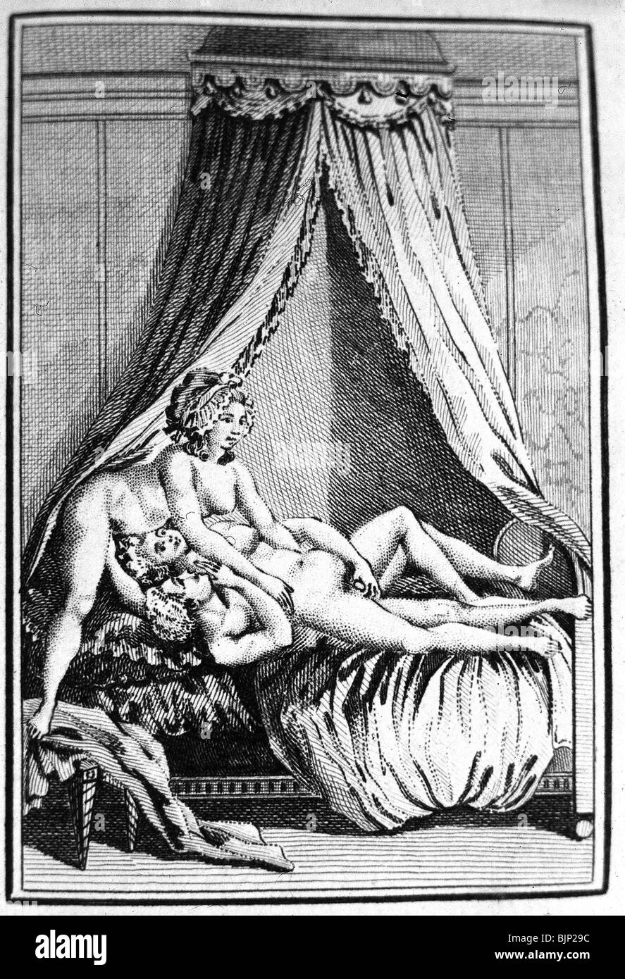 Erotismo, treesome sexo, escena con un hombre y dos mujeres, cobre grabado de le Libertin de Fotografía de stock