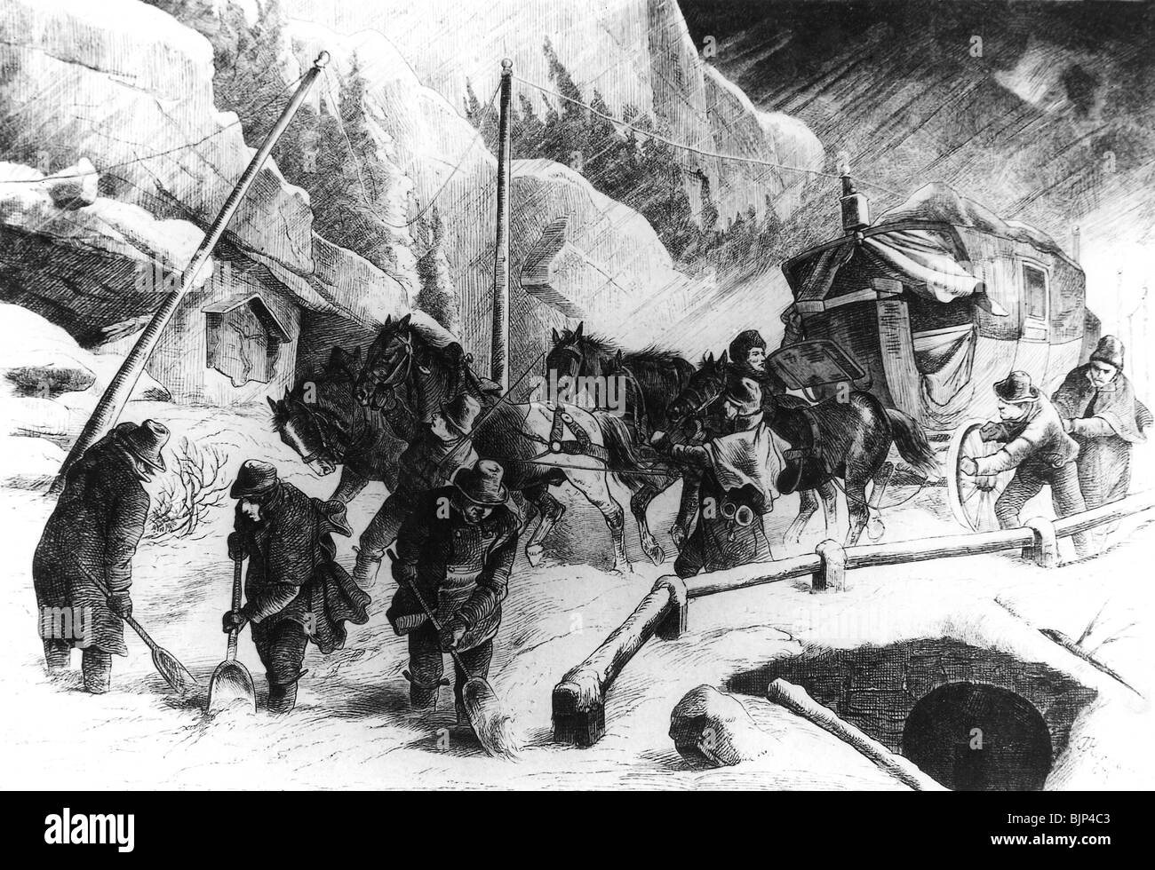 Transporte / transporte, carretera, carruaje, siglo 19, carruaje en el Paso Radstaedter Tauern atascado en la nieve, grabado de madera después de dibujar por J. Hoermann, 1875, Foto de stock