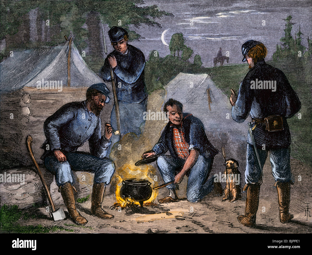 Soldados de la Unión cocinar sobre una fogata al aire libre durante la Guerra Civil. Xilografía coloreada a mano Foto de stock