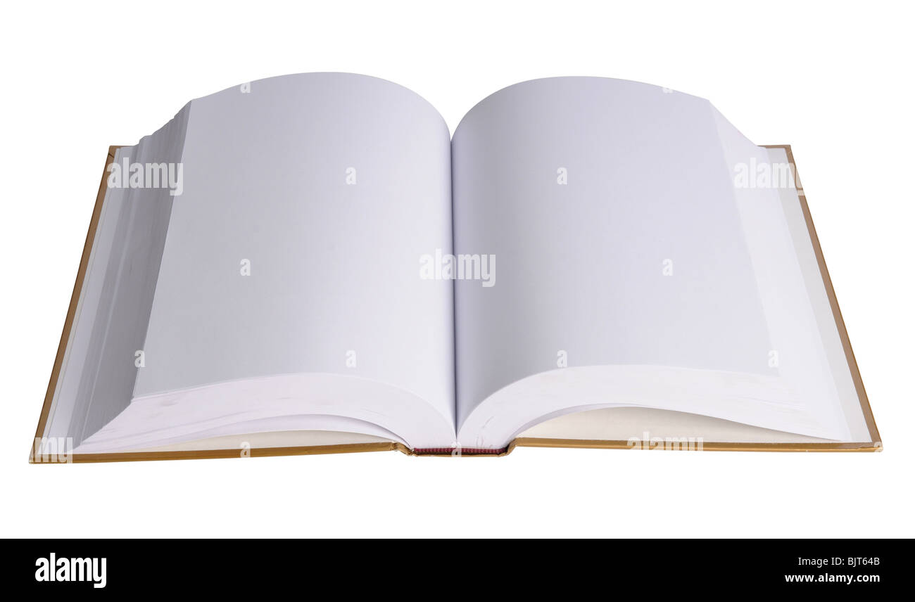 Libro abierto con las páginas en blanco aislado sobre fondo blanco. Foto de stock