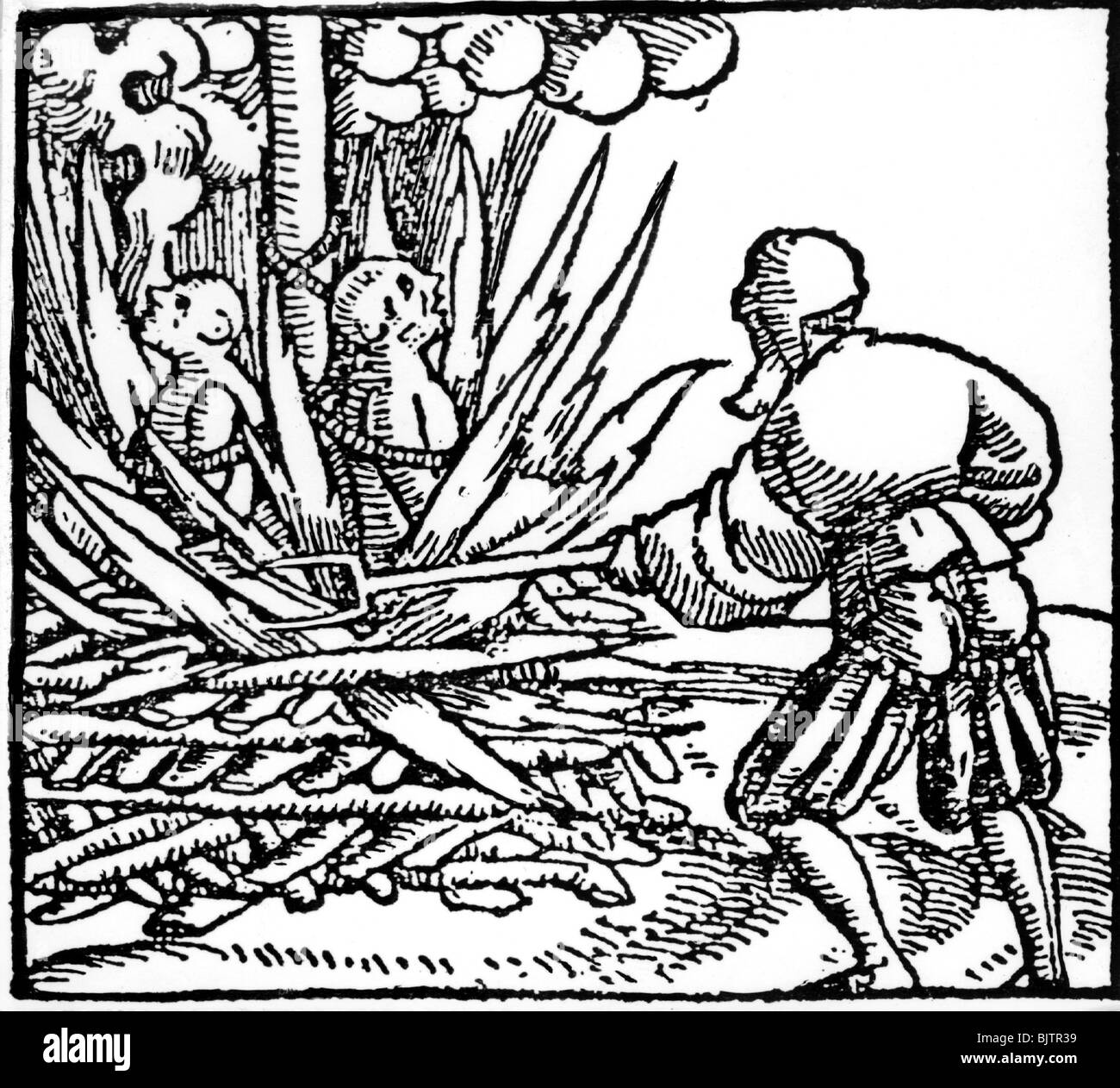 la medicina, las enfermedades pandémicas, las personas que fueron acusadas de haber envenenado los pozos están siendo quemados, woodcut, siglo 16, Foto de stock