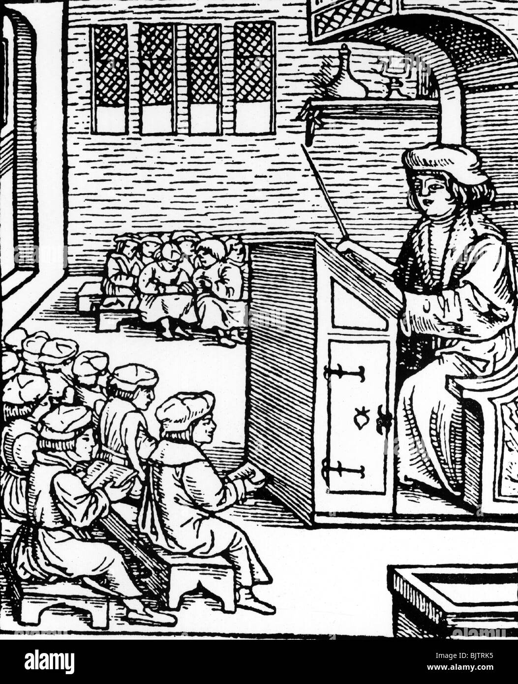 Educación, escuela, niños divididos en grupos de edad, woodcut de 'Die Legende des heiligen Herzog Ruprecht' (la leyenda de saint Rupert), por Jacob Koebel, Oppenheim, Alemania, 1524, Foto de stock