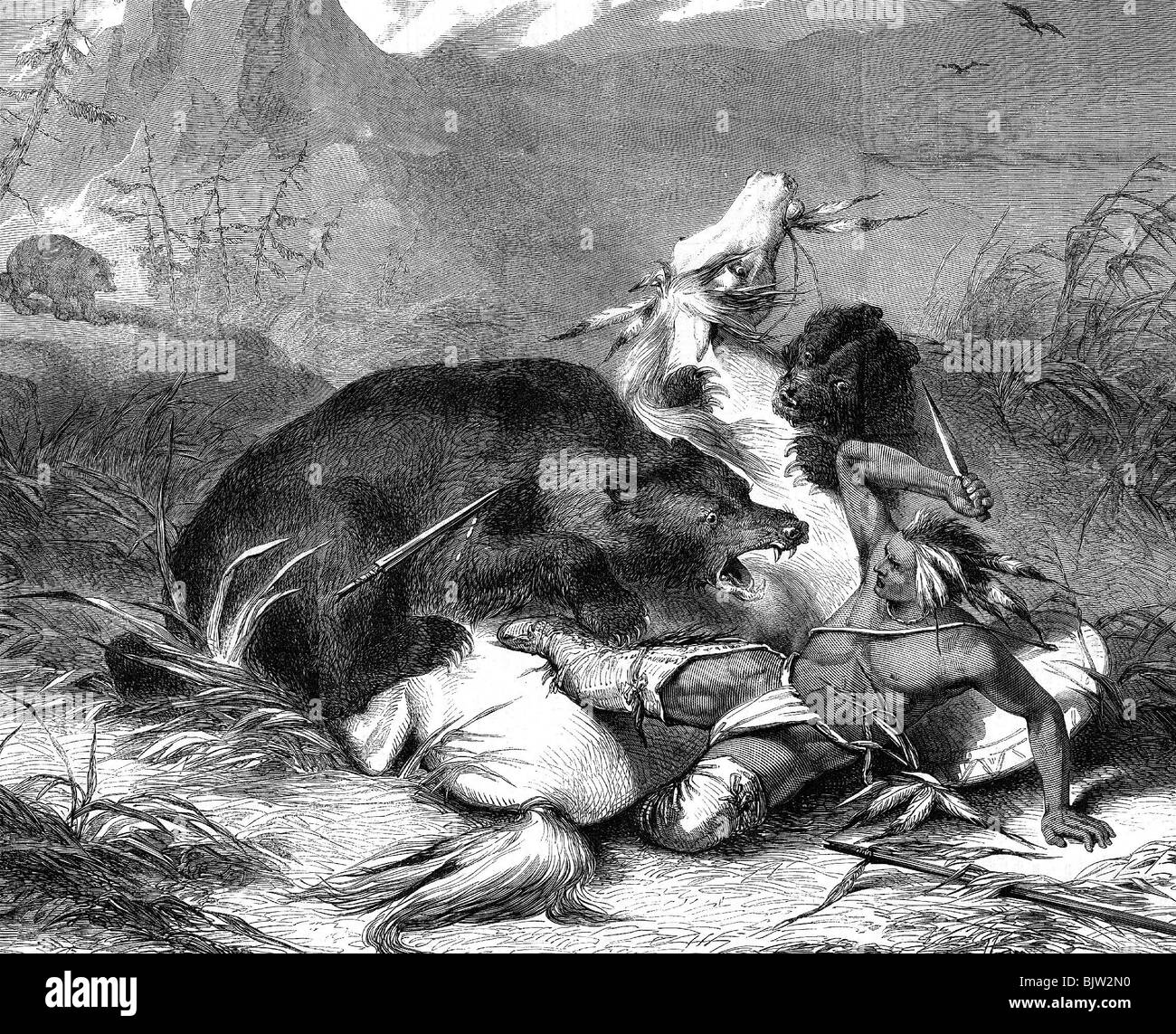Geografía / viajes, Estados Unidos de América, gente, India americana luchando con un oso grizzly, grabado de madera, 1860, Foto de stock