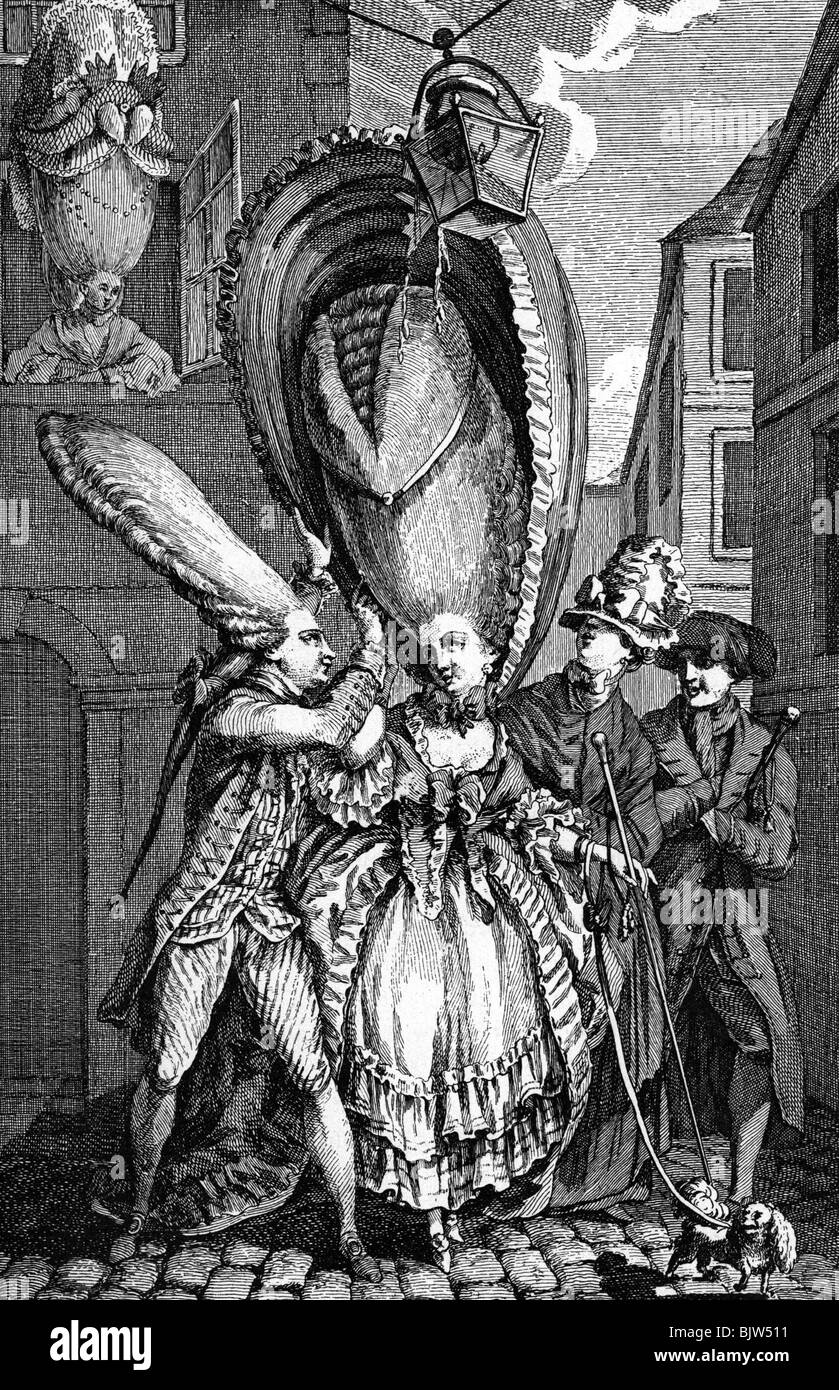 Moda, peinado, siglo 18, peinado Beehive, dama colgar con su pelo en linterna, caricatura, grabado de cobre, Francia, circa 1780, Foto de stock